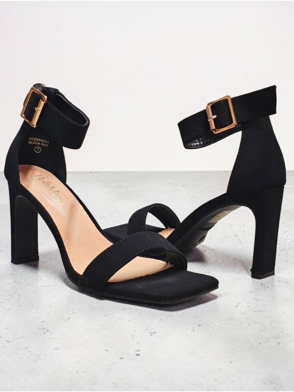 Womens Black Block Heel Sandals With Ankle Strap & Gold Buckle Perfect For Casua